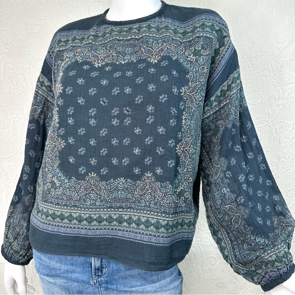 Zara Bandana Printed Full Sleeves Beaded Cotton Top